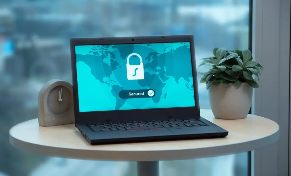 Laptop com ícone de cadeado na tela em mesa de escritório, representando: Antivírus/Defender bloqueou seu sistema? Volte hoje